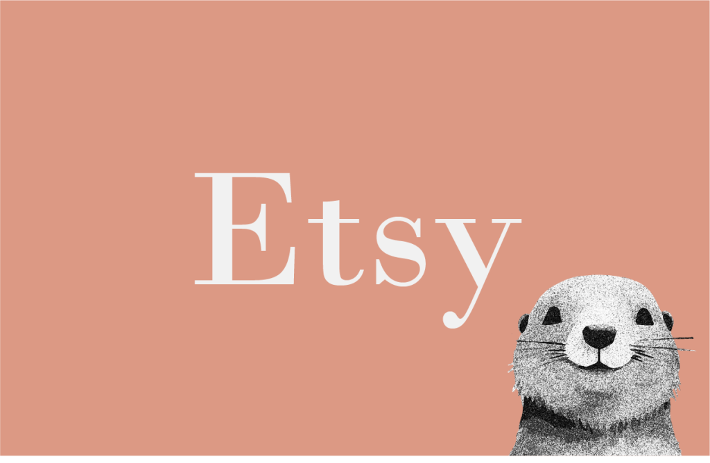 Text reading Etsy on a salmon colored background featuring a smiling prairie dog.